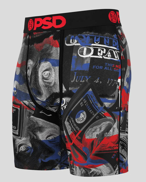 Black PSD boxer shorts with red and blue graphic print featuring currency and text designs.