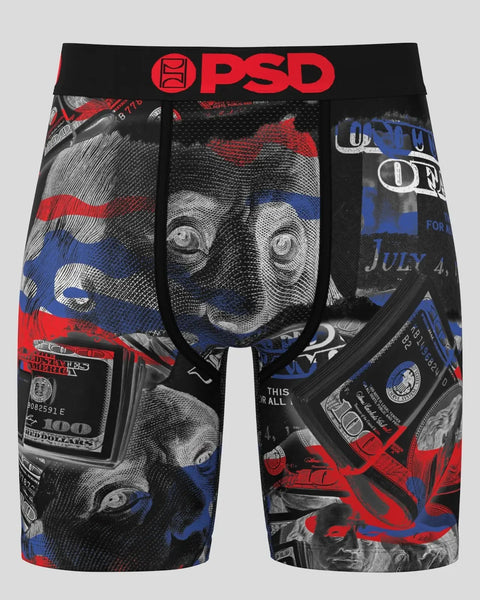 PSD boxer briefs with black, red, and blue currency and portrait graphic print throughout.