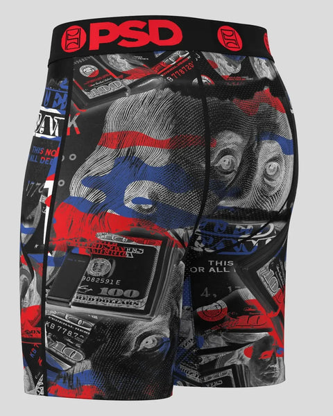 PSD boxer briefs with black waistband, featuring red, blue, and white graphic print with portrait and currency imagery.