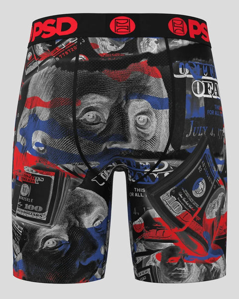 PSD boxer briefs with black, red, and blue engraved portrait and text print throughout, red PSD waistband.