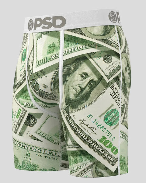 PSD brand boxer shorts with all-over U.S. dollar bill print and gray waistband.