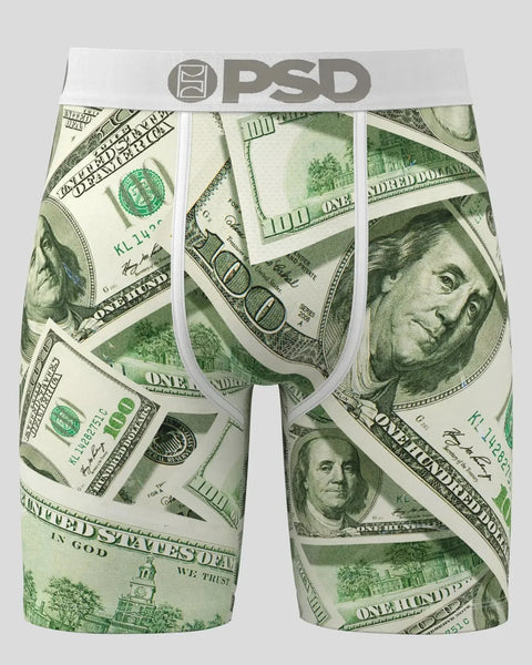 PSD boxer briefs with all-over US dollar bill print and white waistband and leg trim.