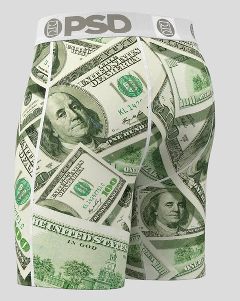 PSD brand underwear with all-over US dollar bill print and white waistband.