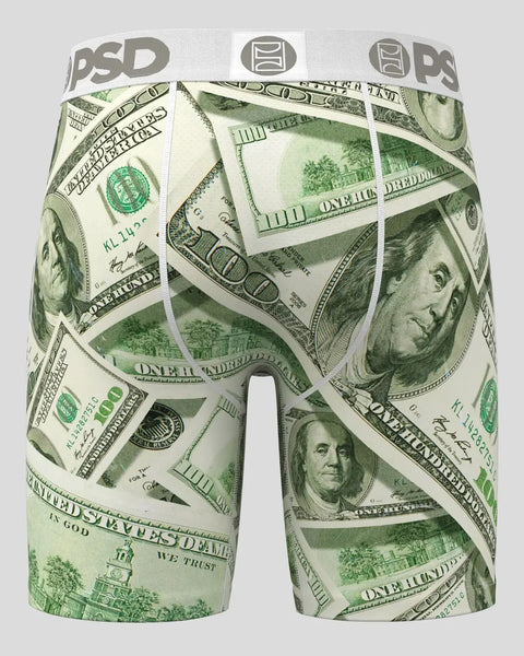 PSD brand boxer briefs with all-over US dollar bill print in green and white.