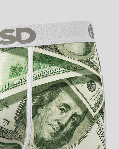 White waistband with gray text on green and cream patterned fabric featuring overlapping U.S. dollar bill designs.