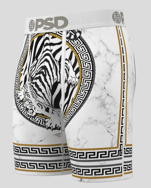 PSD boxer briefs with tiger graphic, marble pattern, and geometric Greek key trim in black, white, and gold.