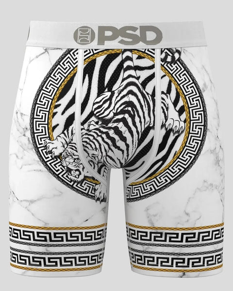 White marble-textured briefs with black and gold tiger head graphic, Greek key pattern border, and PSD waistband.