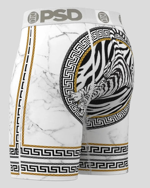 White PSD boxer briefs with marble texture, tiger head graphic, Greek key pattern, and gold accents.