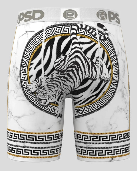 White PSD boxer briefs with black tiger head graphic, gold and black geometric border pattern, and branded waistband.