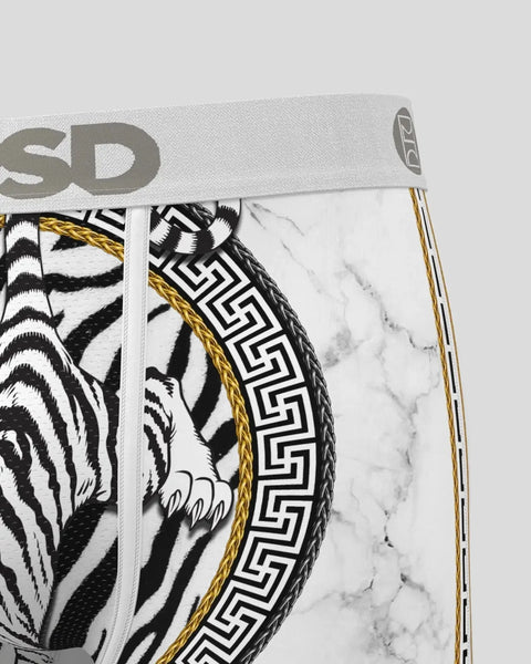 White waistband with tiger stripe and geometric pattern design, gold trim detail, and gray elastic band with branding.
