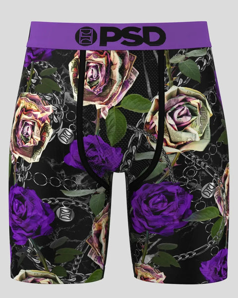 PSD boxer briefs with purple, pink, and cream roses and chain link pattern on black background.