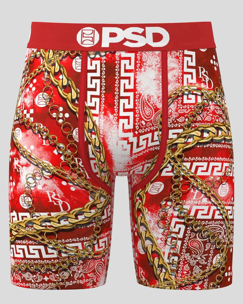 Red PSD boxer briefs with gold chain and paisley pattern throughout, red waistband with white logo.