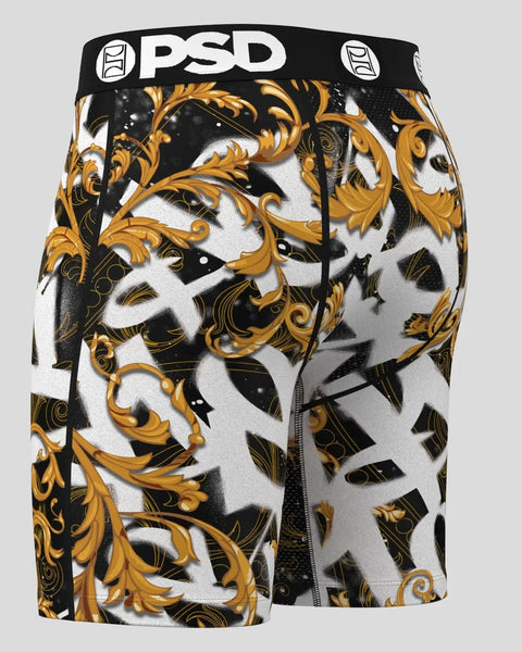 PSD boxer briefs with black waistband, white, black and gold ornamental baroque scroll pattern throughout.