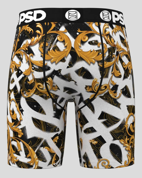 PSD brand boxer briefs with gold and black baroque scroll pattern on white background.