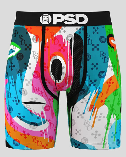 PSD boxer briefs with black waistband featuring colorful abstract design in pink, orange, teal, green and white.