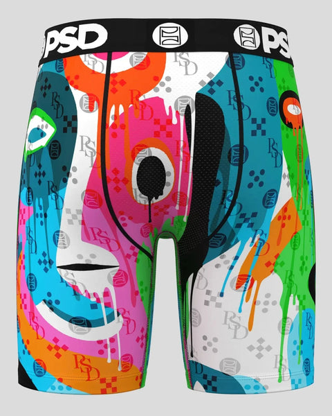 PSD boxer briefs with colorful abstract graffiti design, black waistband with brand logo, and mesh ventilation panels.