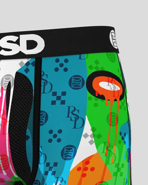 Colorful underwear waistband with black elastic band and multicolor geometric and abstract patterns in blue, green, orange, a