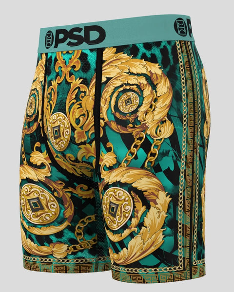 Men's boxer briefs with turquoise waistband featuring gold baroque scrollwork and chains on black and teal cheetah print back