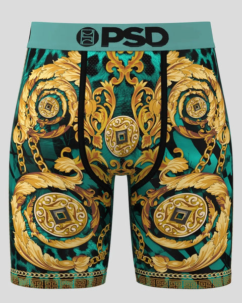 PSD boxer briefs with turquoise and black base featuring gold ornamental chains, baroque scrolls, and circular medallion patt