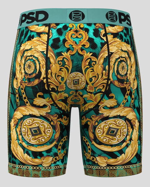 Men's boxer briefs with teal and black cheetah print, gold ornamental design, and PSD waistband.