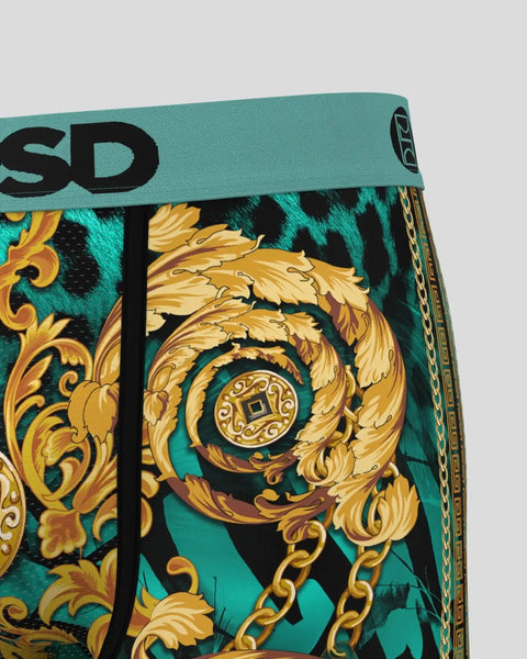 Teal waistband with gold baroque and chain patterns, black cheetah spots, and brand text visible.
