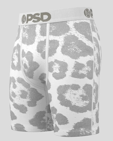 PSD white and gray spotted boxer briefs with center seam and gray waistband.