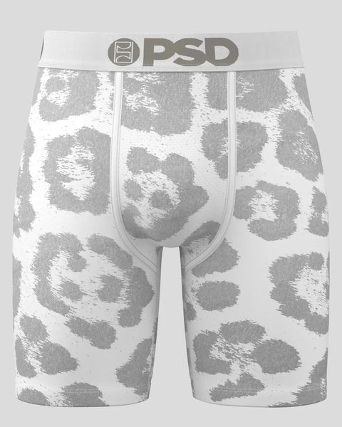 White and gray leopard print boxer shorts with PSD waistband and center fly opening.