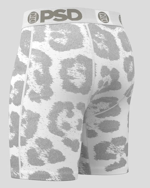 PSD boxer briefs with gray and white snow leopard spot pattern and white waistband.