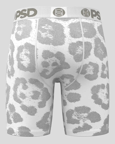 White and gray snow leopard spotted boxer briefs with PSD waistband.