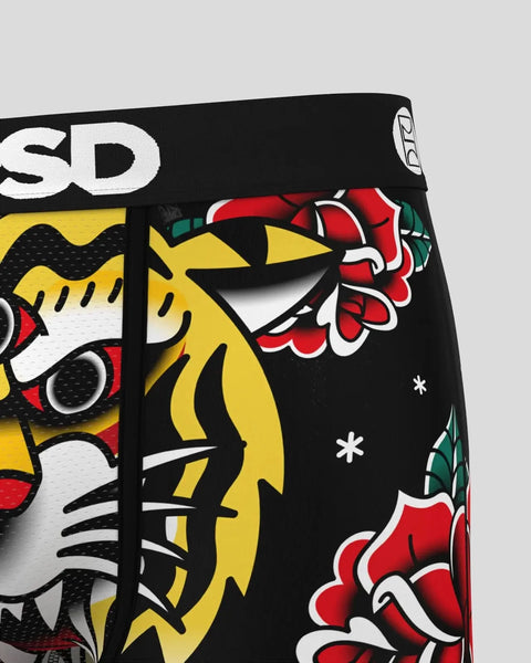 Black boxer briefs with bold graphic design featuring yellow eyes, red flowers, and white text on waistband.