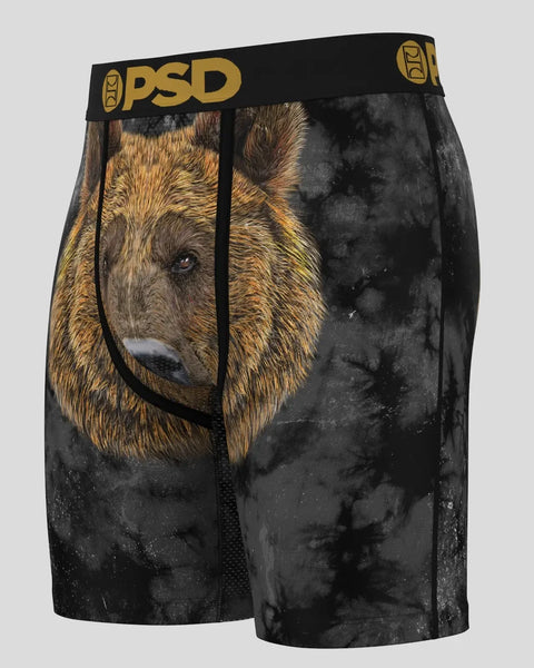 Black PSD boxer briefs with brown bear face graphic and gold waistband.