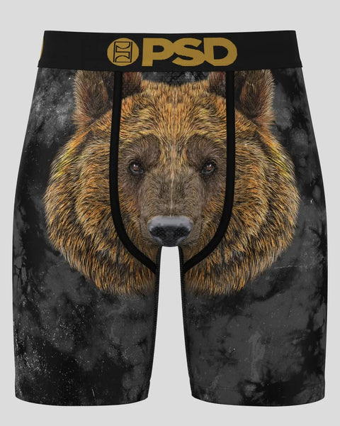 Black shorts with brown and gold bear face graphic print and gold PSD waistband.