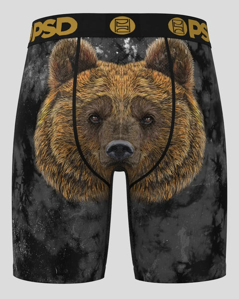 Black boxer briefs with brown bear face graphic and gold PSD waistband.