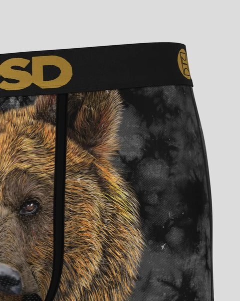 Brown bear face with yellow and black branding on elastic waistband.