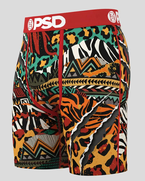 PSD boxer briefs with multicolored abstract animal print and geometric pattern design in red, orange, yellow, teal, and black