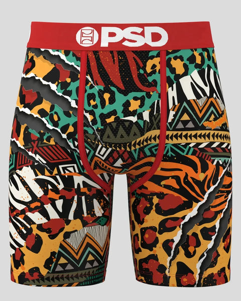 PSD boxer briefs with red waistband featuring mixed animal prints and geometric patterns in yellow, green, orange, black and 