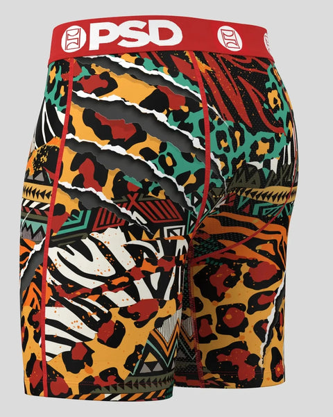 PSD boxers with mixed animal print patterns in red, orange, yellow, green, black and white with red waistband.