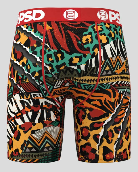 PSD brand boxer briefs with multicolored jungle-inspired pattern combining leopard spots, zebra stripes, and geometric tribal