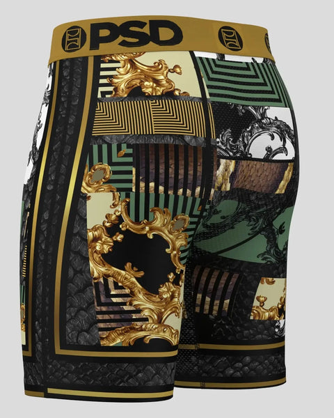 PSD boxer briefs with gold ornamental frames, green and black geometric patterns, and quilted textured panels on black fabric