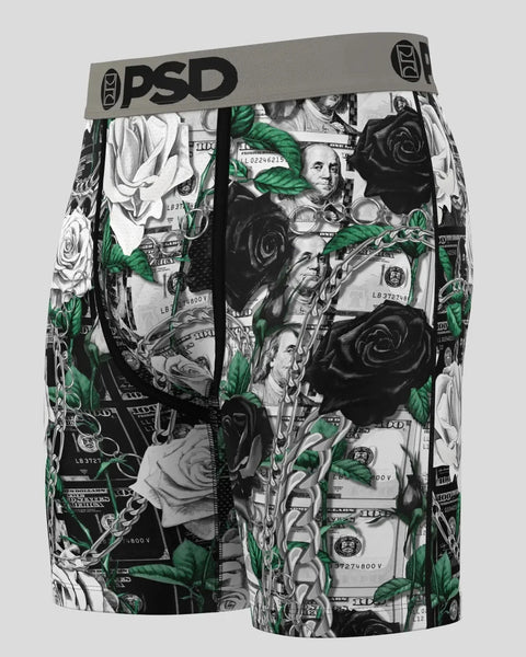 PSD boxer briefs with black and white rose and currency print, gray waistband with logo.