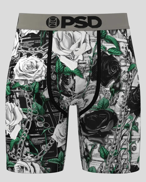 PSD boxer briefs with black, white, and green rose print, dollar bill motifs, and chain pattern throughout.