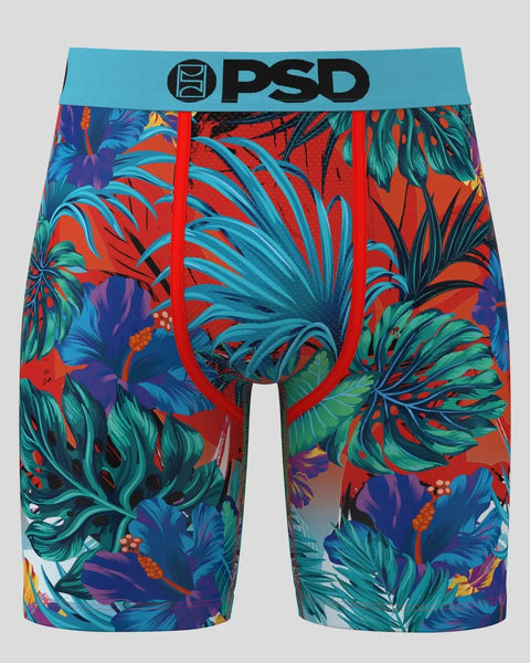 PSD men's boxer briefs with turquoise waistband and vibrant tropical floral print in red, blue, green, and purple.