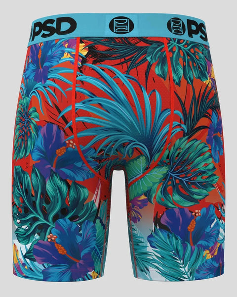 PSD underwear with red base and colorful tropical plant print, blue waistband with logo.
