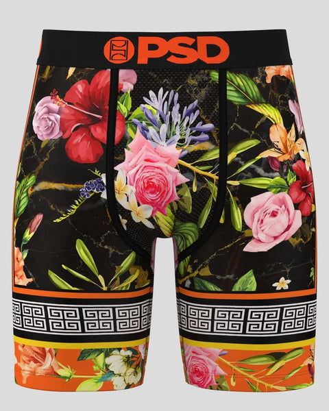 Black PSD boxer briefs with colorful floral print, orange trim, geometric waistband pattern, and red logo at top.