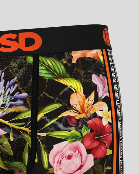 Black waistband with orange text and colorful floral pattern featuring pink roses, orange lilies, purple flowers, and green f