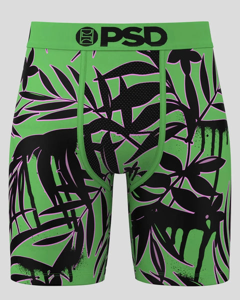 Green PSD boxer briefs with black and purple daisy flower silhouettes and splatter design throughout.