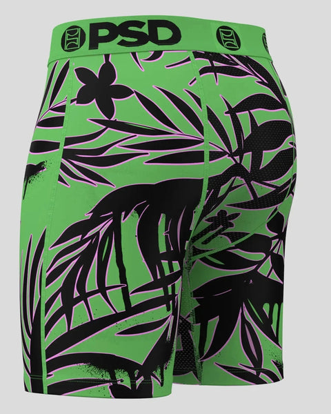 PSD boxer brief with lime green base, black and purple daisy and leaf print pattern throughout.