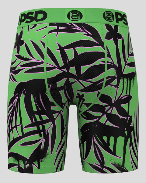 PSD brand boxer briefs with bright green base, black daisy flower and leaf print, purple accent strokes, and brand logo waist