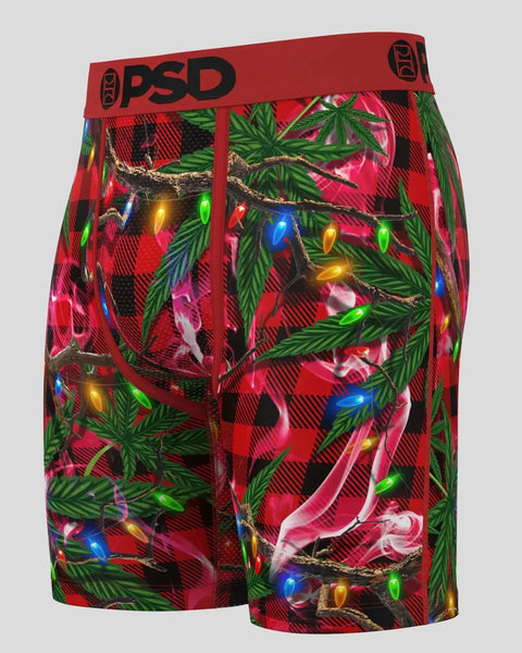 Red plaid boxer shorts with green pine branches and multicolored Christmas lights pattern, red PSD waistband.