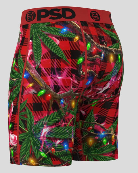 Red and black plaid boxer shorts with green leaf and colorful light string print, PSD waistband.